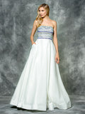 A-line, beading strapless top , satin dress with scarf