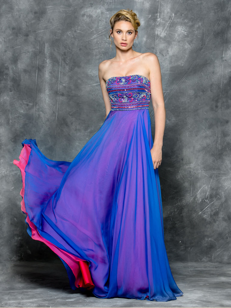 A-line , beading strapless top , chiffon prom dress