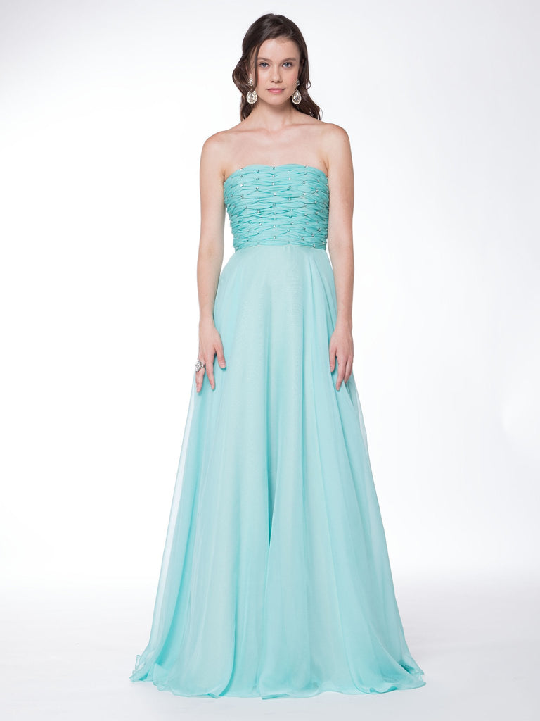 A-line , strapless chiffon & mesh prom dress