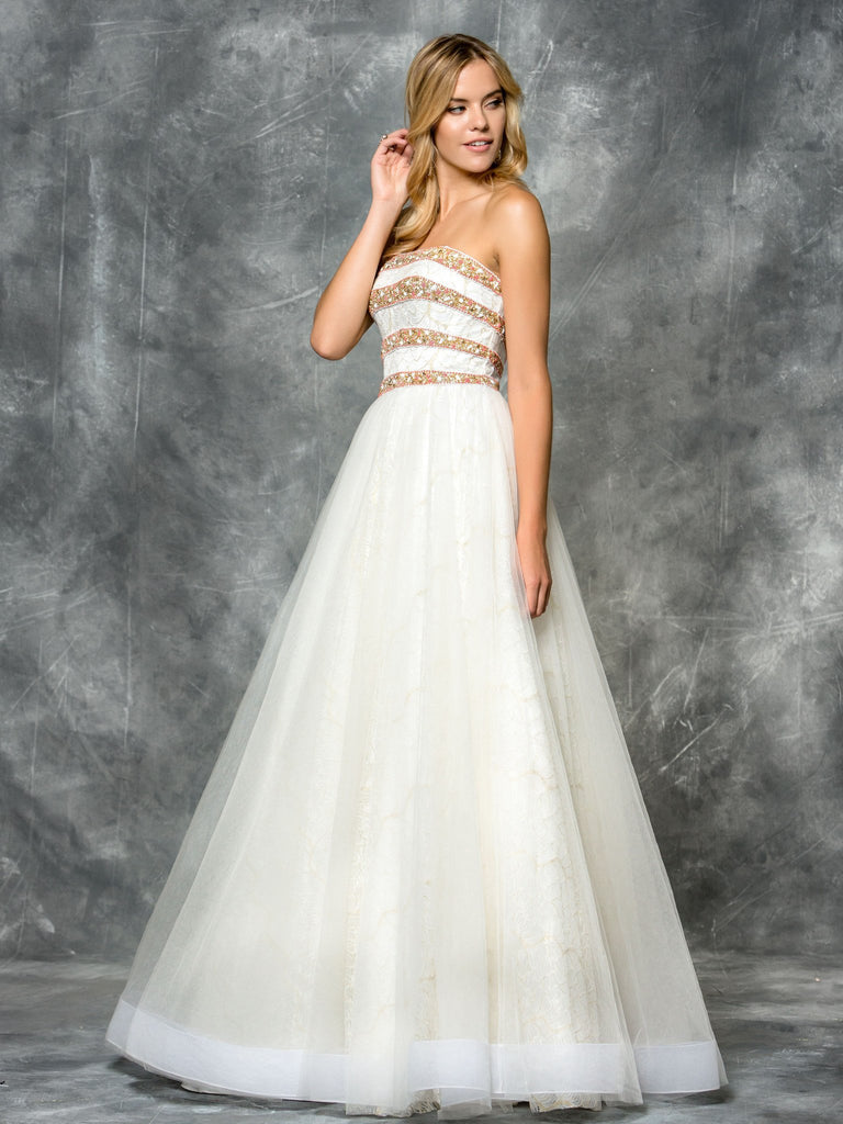 A-line, beading strapless top with lace & mesh prom dress