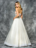 A-line, beading strapless top with lace & mesh prom dress