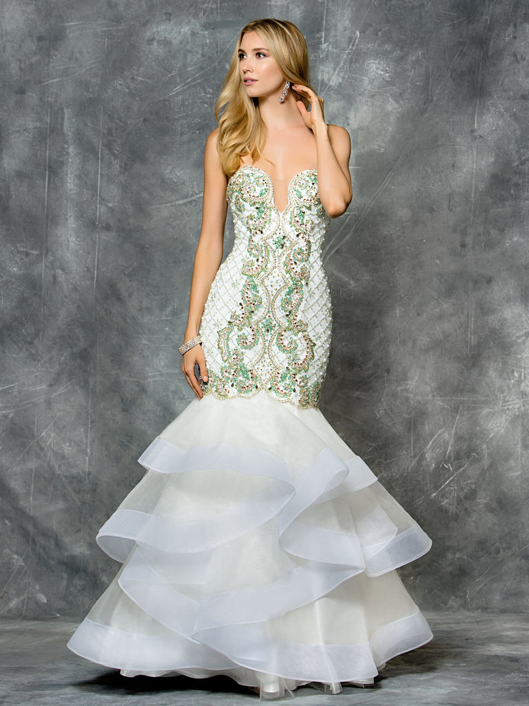 Strapless beaded mermaid-trumpet mesh prom dress