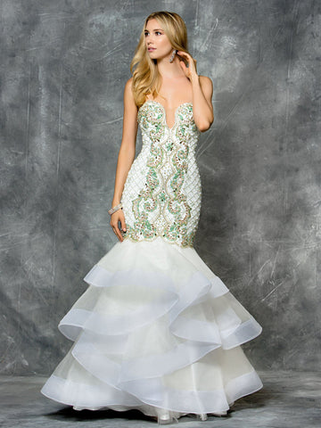 Strapless beaded mermaid-trumpet mesh prom dress