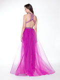 A-line , halter beaded neckline, crepe prom dress