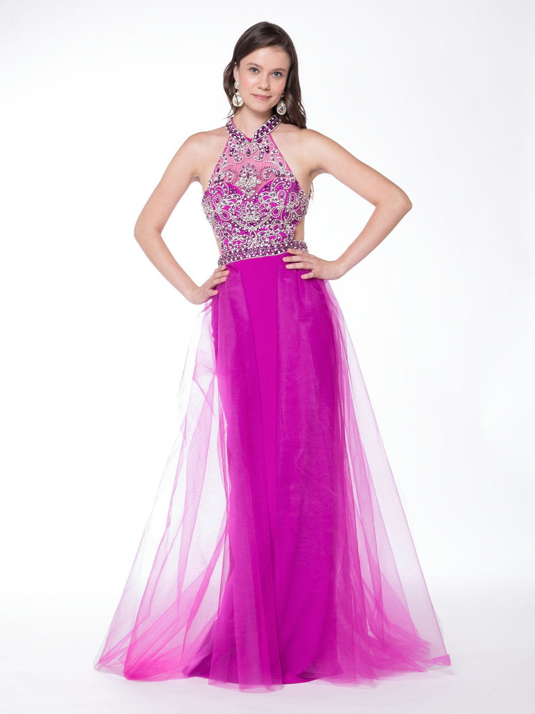 A-line , halter beaded neckline, crepe prom dress