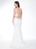 Trumpet, halter beaded neckline, open back crepe prom dress