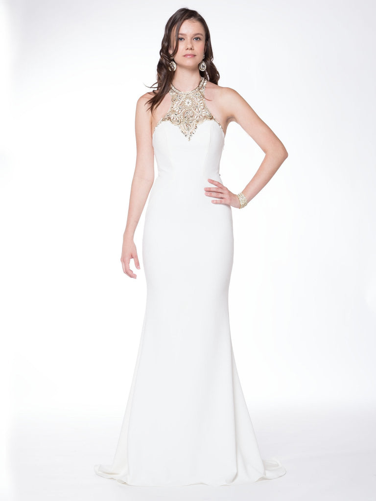 Trumpet, halter beaded neckline, open back crepe prom dress