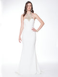 Trumpet, halter beaded neckline, open back crepe prom dress