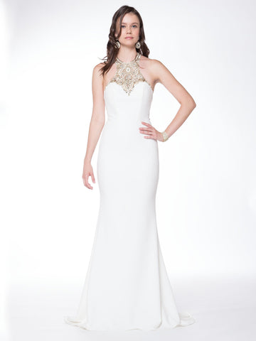 Trumpet, halter beaded neckline, open back crepe prom dress