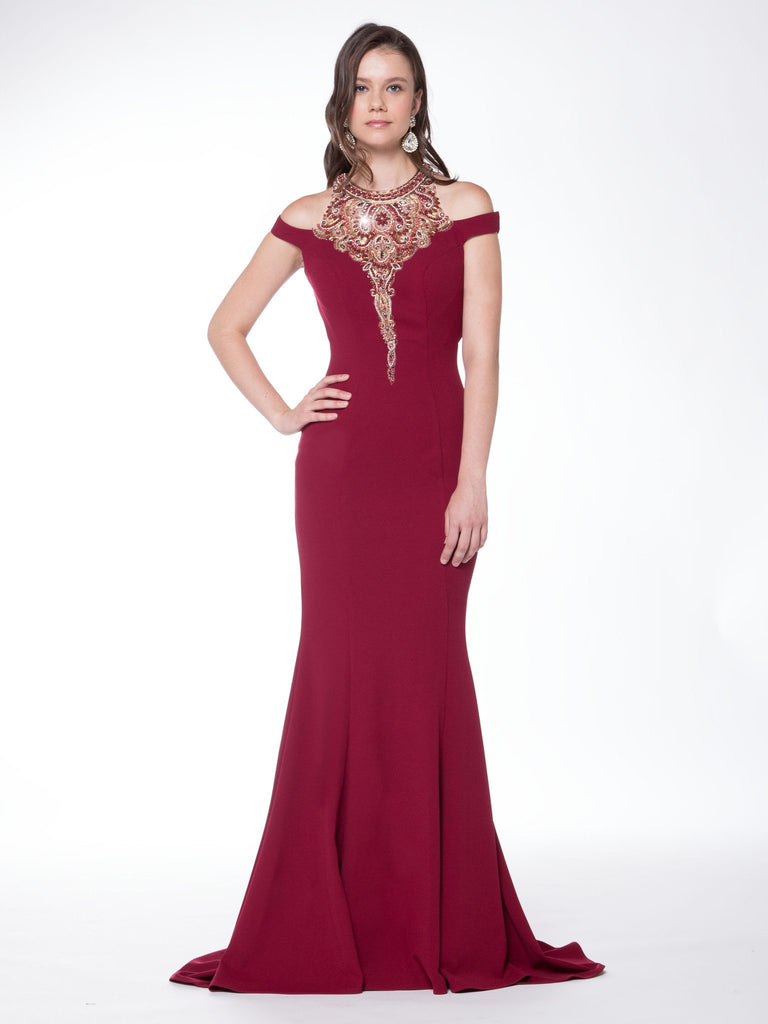 Off-the-shoulder, halter neckline , trumpet-mermaid crepe prom dress
