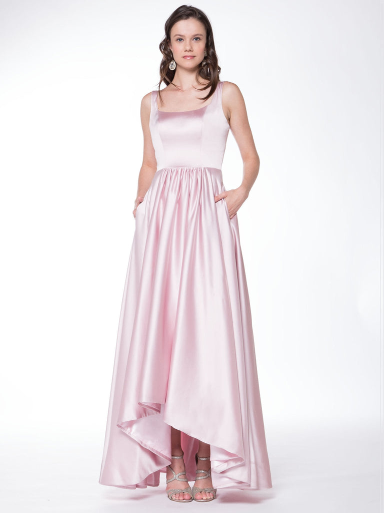 Sleeveless high low , A-line charmeuse satin prom dress
