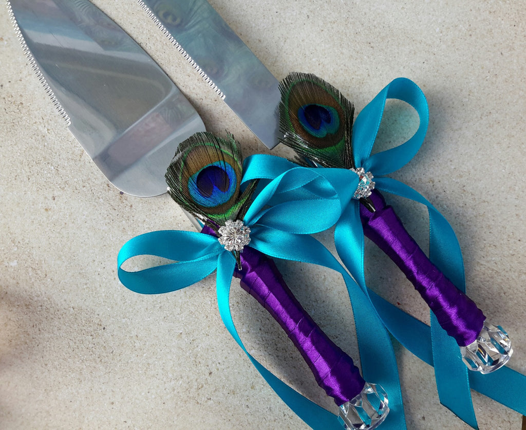 Wedding accessories cake server knife set peacock