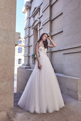 Chic Bohemian beach look lace chiffon satin A-line ball gown wedding dress