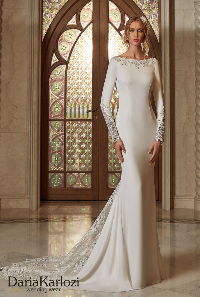 Ivory lace satin wedding dress trumpet mermaid long sleeve