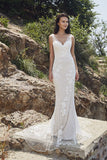Chic Bohemian beach look lace chiffon satin fit & flare wedding dress