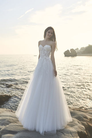 Chic Bohemian beach look lace chiffon satin A-line wedding dress