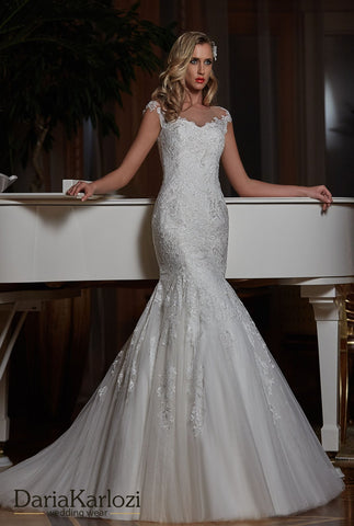 Ivory lace wedding dress trumpet mermaid short sleeve
