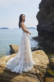 Chic Bohemian beach look lace chiffon satin A-line wedding dress