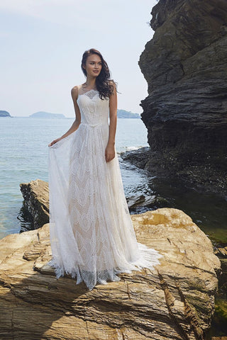 Chic Bohemian beach look lace chiffon satin A-line wedding dress
