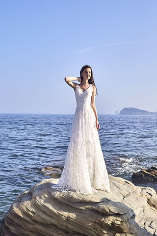 Chic Bohemian beach look lace chiffon satin A-line wedding dress