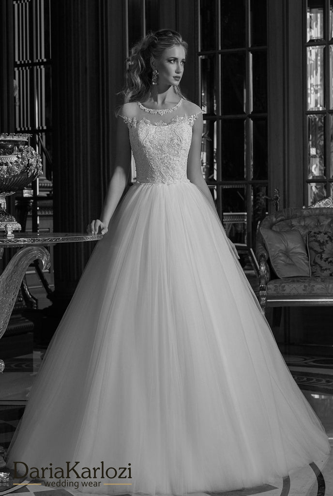 Ivory lace tulle rhinestones wedding dress ball gown A-Line