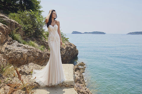 Chic Bohemian beach look lace chiffon satin wedding dress