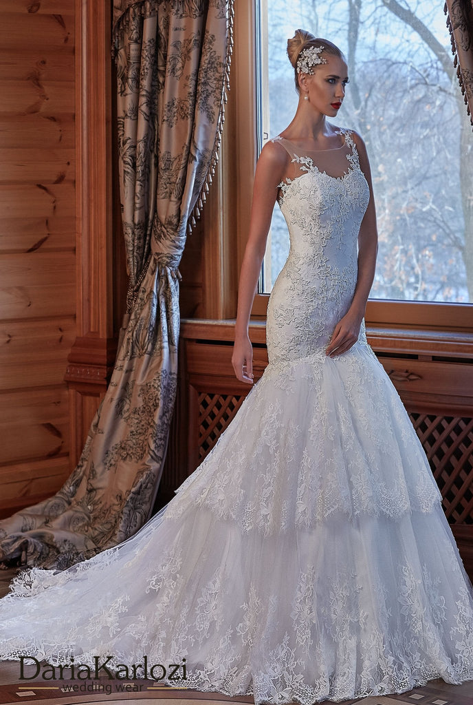 Ivory lace wedding dress trumpet mermaid short sleeve
