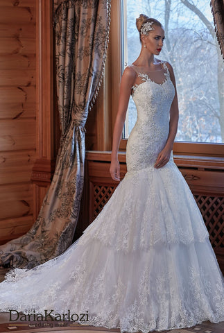 Ivory lace wedding dress trumpet mermaid short sleeve