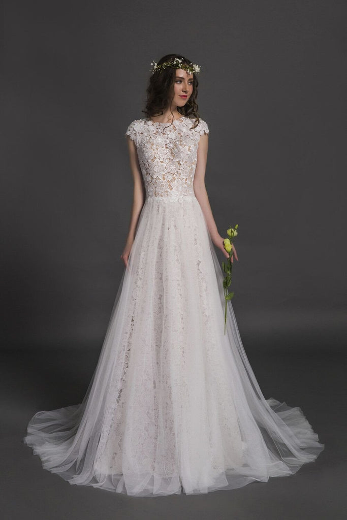 Designer Chic Nostalgia lace chiffon satin tulle A-line ball gown wedding dress