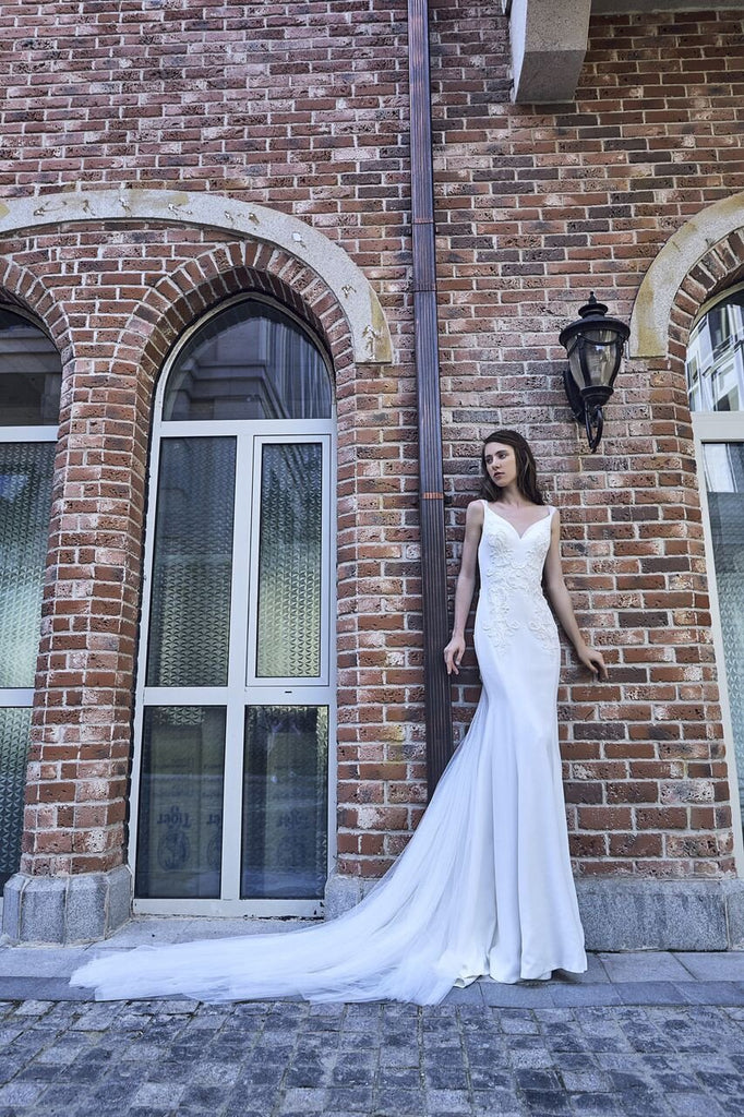 Chic Bohemian beach look lace chiffon satin A-line ball gown wedding dress