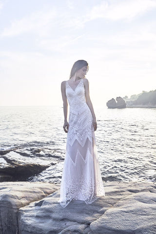 Chic Bohemian beach look lace chiffon satin wedding dress