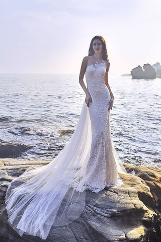 Chic Bohemian beach look lace chiffon satin wedding dress