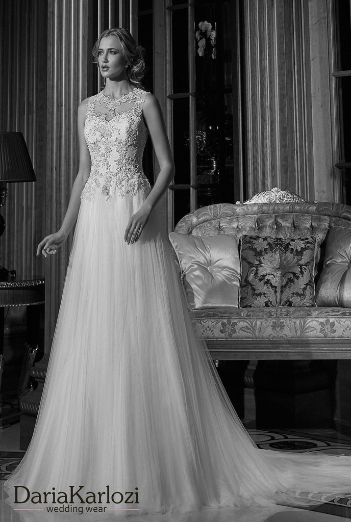 Ivory lace tulle wedding dress ball gown A-Line