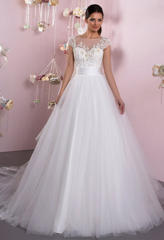 Lace tulle strapless short sleeve ivory princess ball gown lace A-Line wedding dress
