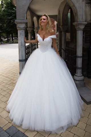 Designer lace chiffon satin tulle A-line ball gown wedding dress