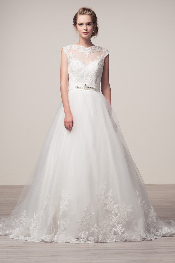 Wedding dress lace BATEAU NECK, CAP SLEEVE, OPEN BACK, A-LINE