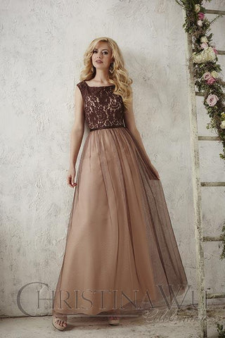 Chiffon lace long bridesmaid dress.