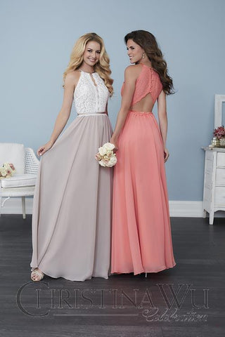 Chiffon lace long bridesmaid dress.