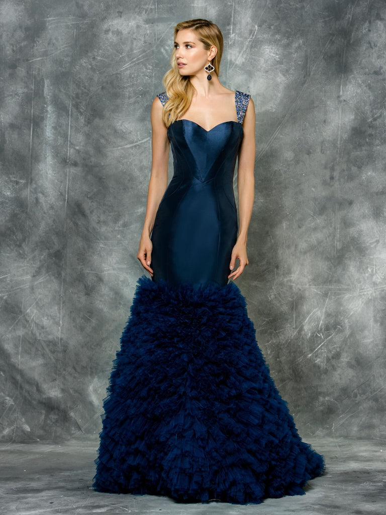 Mikado sleeveless, sweetheart, tumpet-mermaid with ruffles Prom Gown