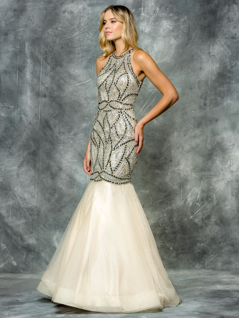 Halter neckline all beaded, trumpet-mermaid, mesh Prom Gown
