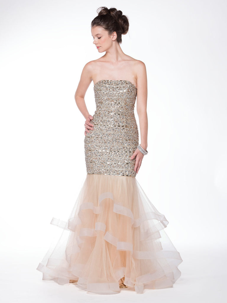 Strapless, all beaded, trumpet-mermaid, mesh Prom Gown
