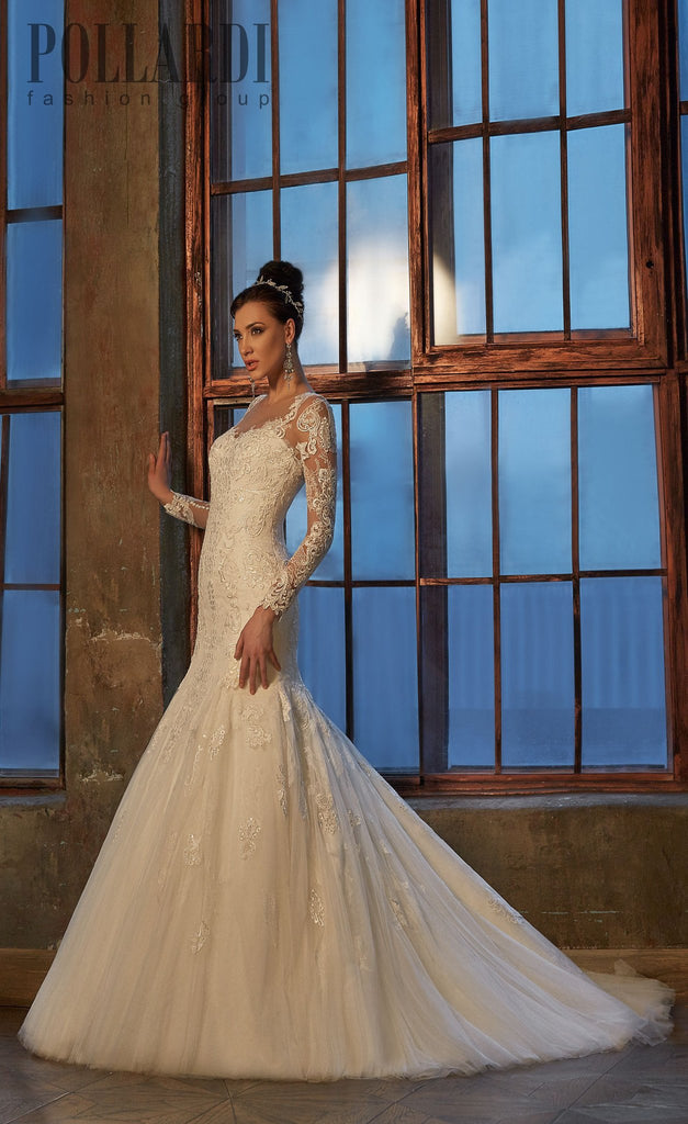 Beaded Lace ball gown long sleeve ivory mermaid trumpet Wedding Dress