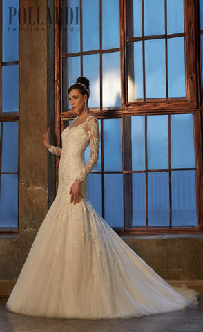 Beaded Lace ball gown long sleeve ivory mermaid trumpet Wedding Dress