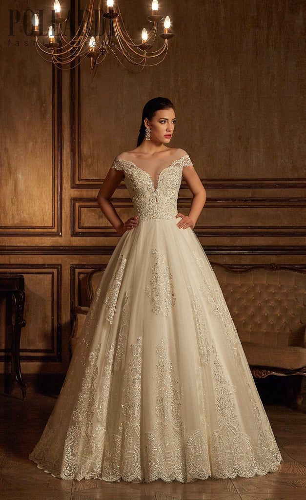 Beaded pearl lace satin ball gown ivory a-Line Wedding Dress