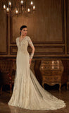 Beaded lace satin gown long sleeve ivory mermaid trumpet Wedding Dress