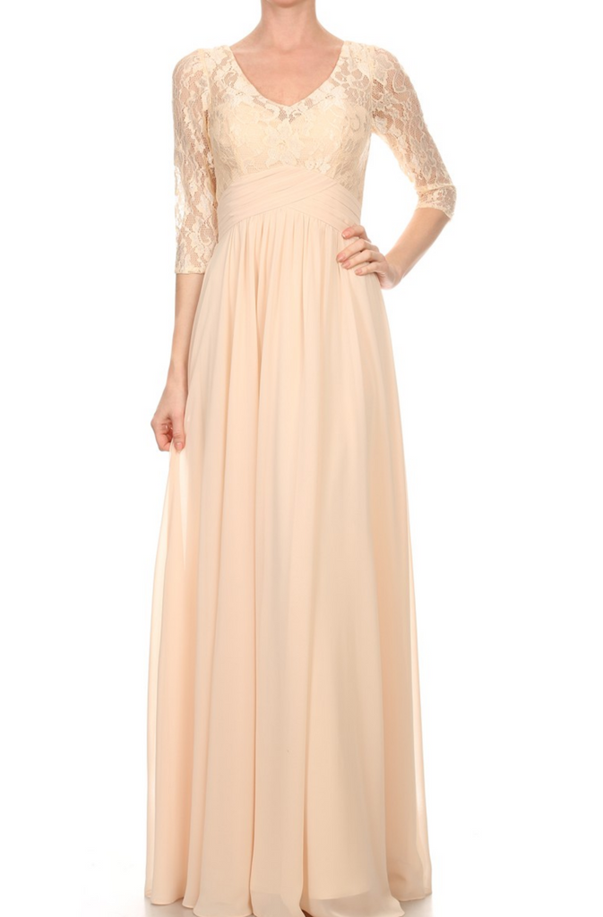 Chiffon lace sleeve long bridesmaid dress.