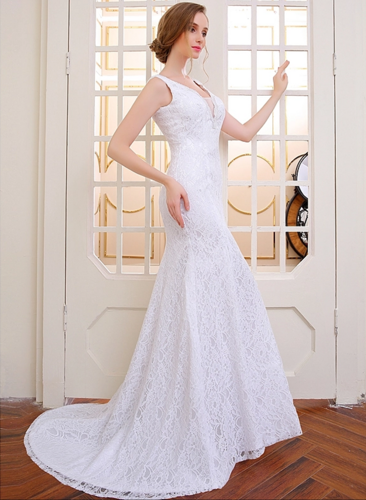 BRIDAL SLEEVELESS, V NECK, TRUMPET WEDDING DRESS