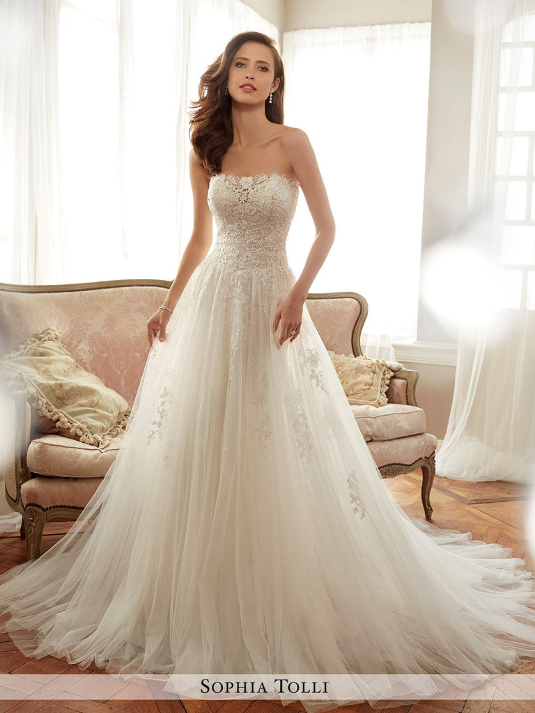 Sophia Tolli strapless tulle soft A-line with semi-sheer neckline wedding gown