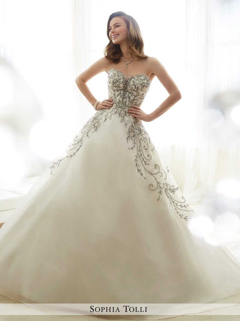 Sophia Tolli strapless organza with plunging sweetheart neckline wedding ball gown