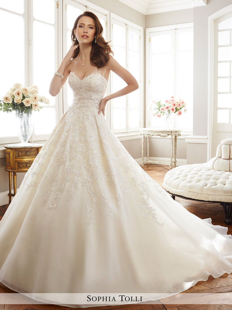 Sophia Tolli strapless fantasy organza with sweetheart neckline wedding ball gown